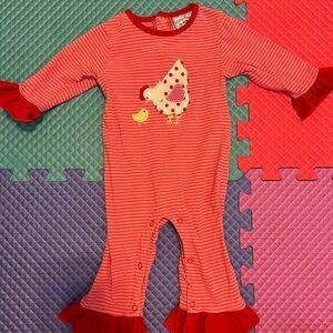 Charming Pink Striped Kids Footie with Chicken Appliqué